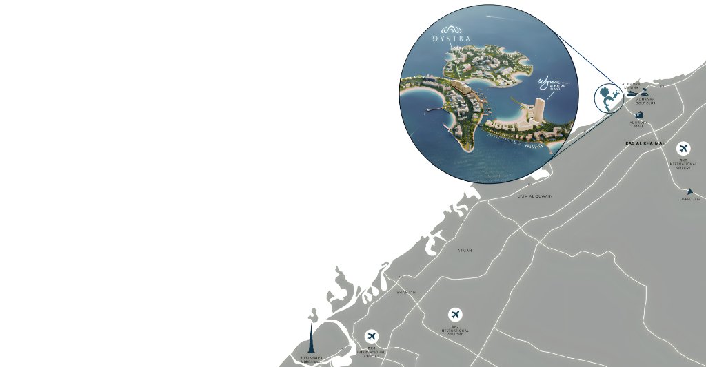 Map showing OYSTRA's location on Al Marjan Island, Ras Al Khaimah, next to the Wynn Resort — with travel connections to Dubai and RAK International Airport