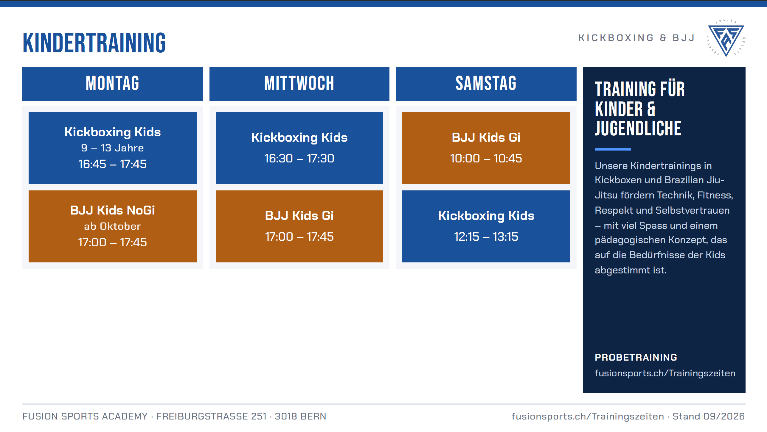Stundenplan Kindertraining – Kickboxing & BJJ