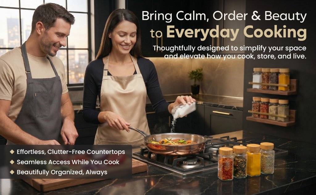 A couple cooking together in a modern dark kitchen with ZaylaCo spice jars