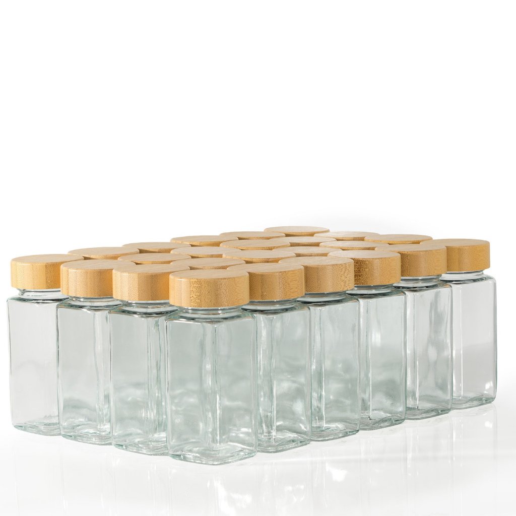 ZaylaCo Set of 24 empty glass jars with bamboo lids in a grid