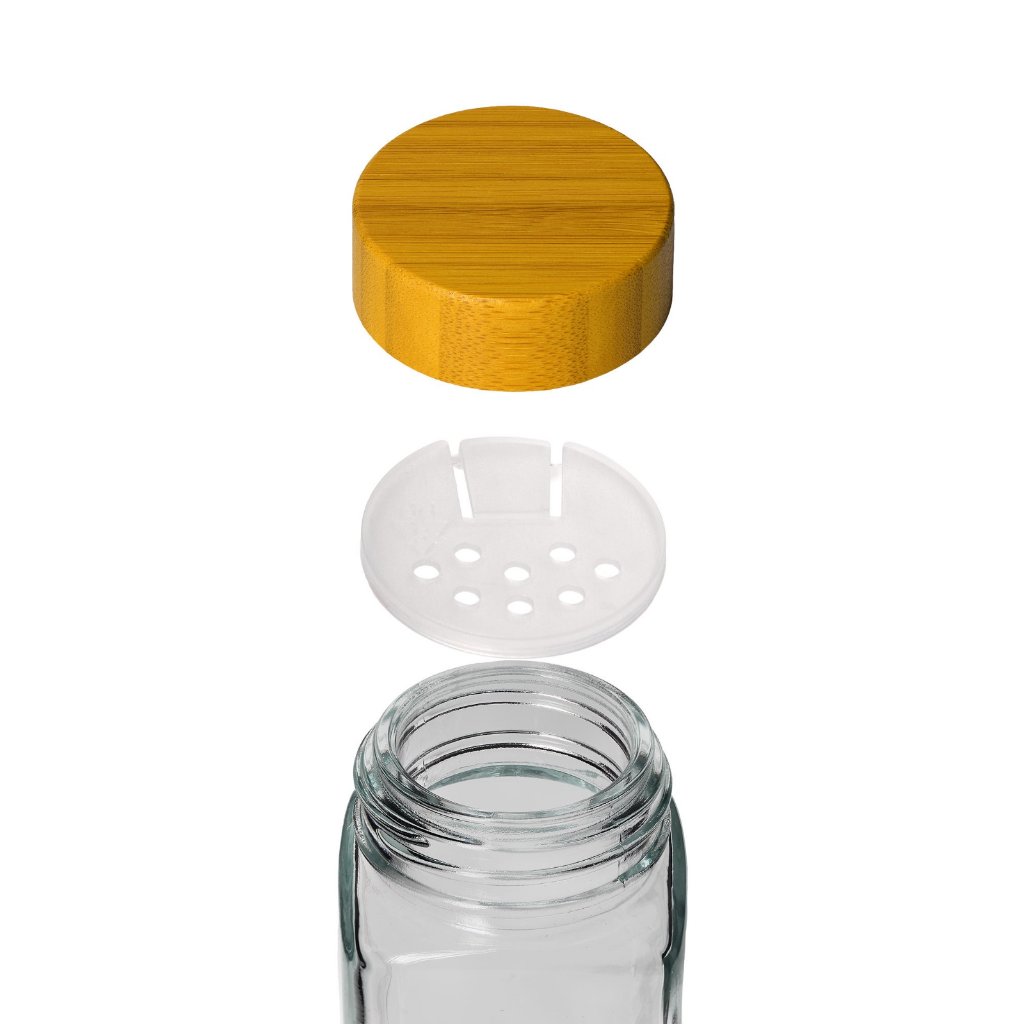 Exploded view of ZaylaCo jar — bamboo lid, sifter insert, and glass body