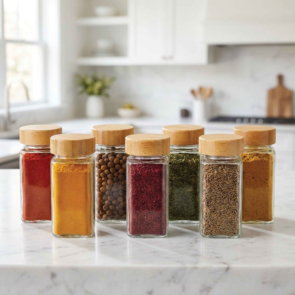 ZaylaCo spice jars filled with colorful spices on white marble countertop