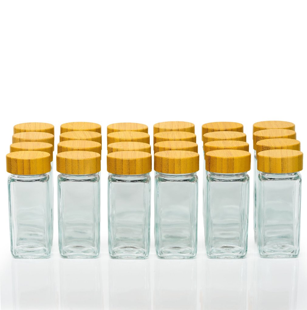 ZaylaCo empty glass spice jars with bamboo lids — studio flat lay