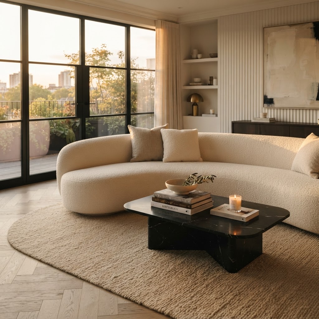 High-end interior design living room with curved sofa and stacked design books — Designer in an Instant at High Point Market 2026