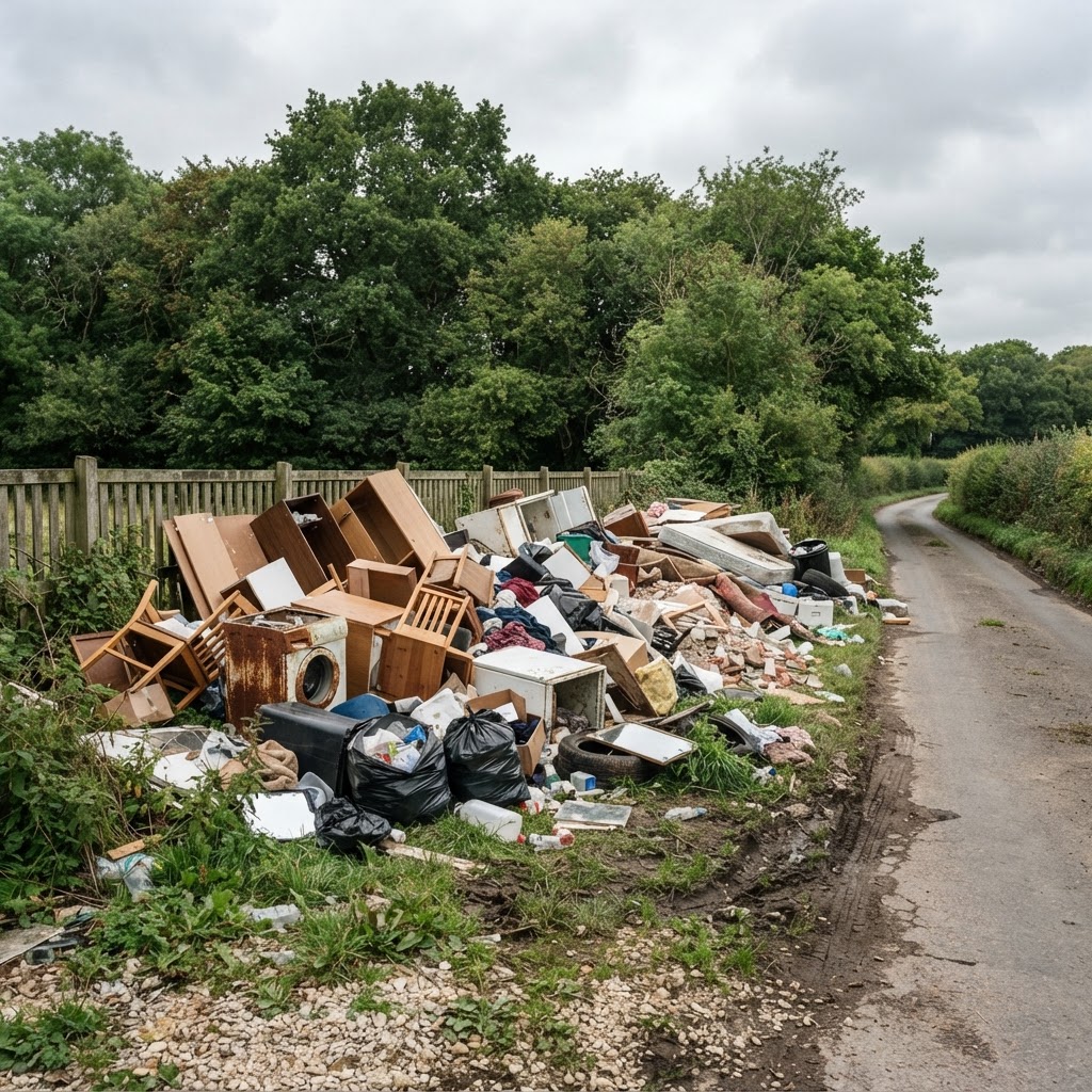 Large-scale fly-tipped waste dumped beside a rural road