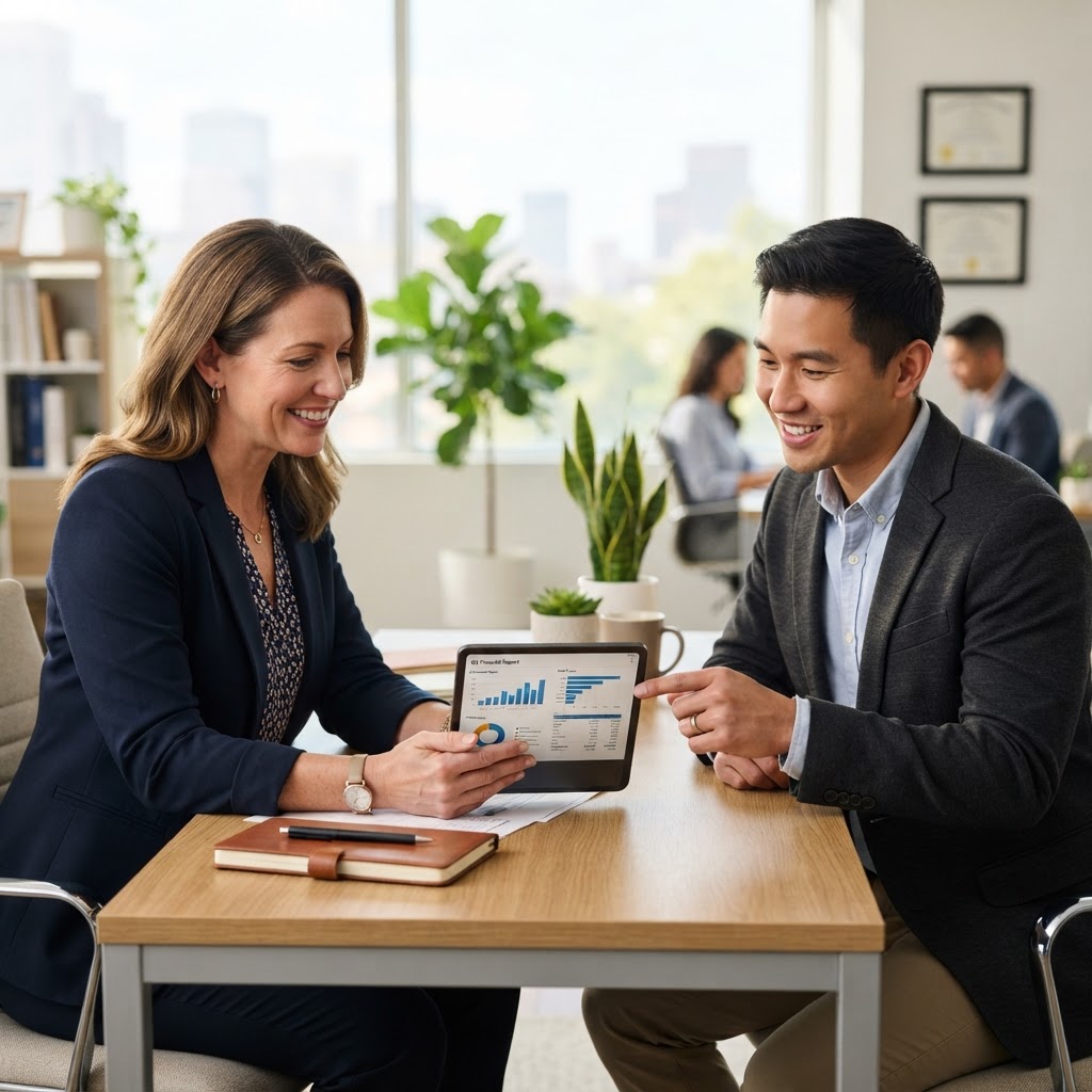 A QaziCPA licensed CPA assisting a small business owner in a modern, welcoming office