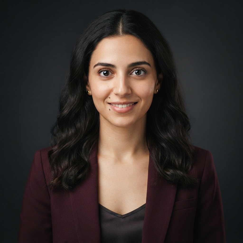 AI-generated portrait representing the Client Strategy Lead role, a Middle Eastern woman in modern professional business attire