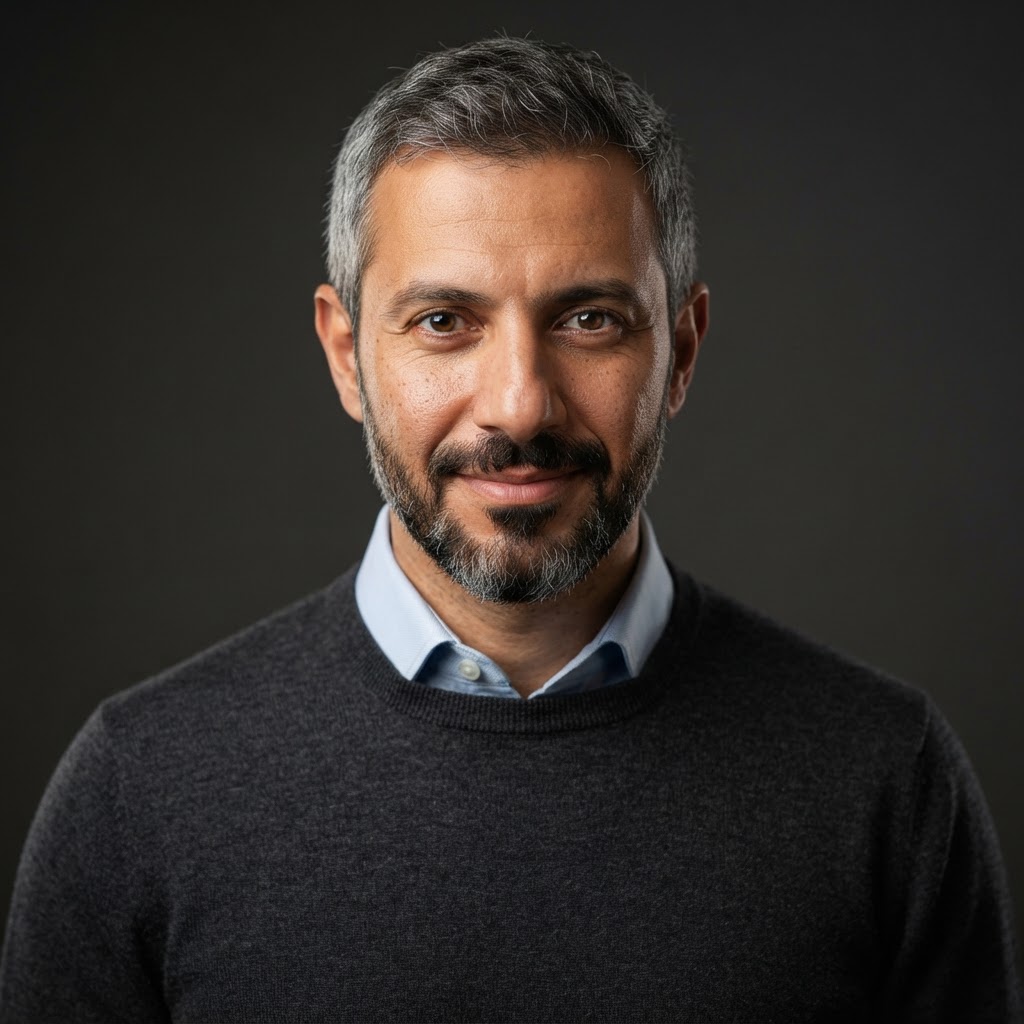 AI-generated portrait representing the Post-Production Lead role, a Middle Eastern man in modern professional business attire