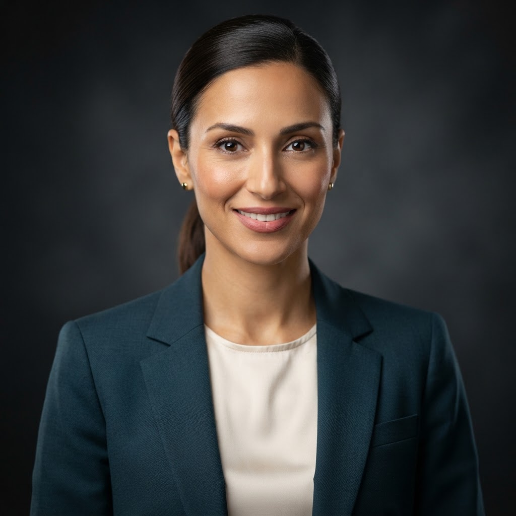AI-generated portrait representing the Creative Director role, a Middle Eastern woman in modern professional business attire