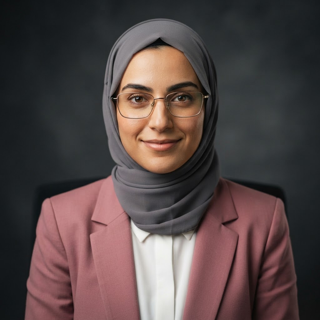 AI-generated portrait representing the Localisation Lead role, a Middle Eastern woman wearing a contemporary hijab in modern professional business attire