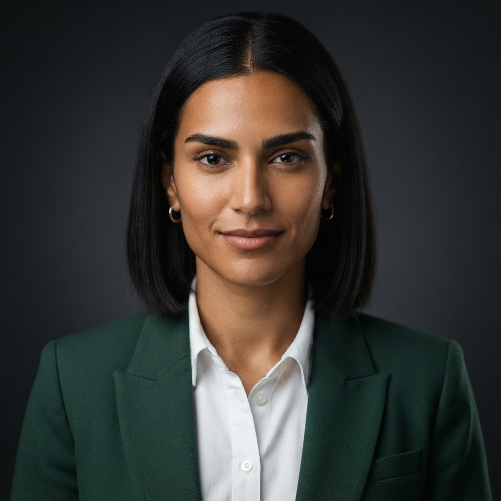 AI-generated portrait representing the Quality Assurance Lead role, a Middle Eastern woman in modern professional business attire