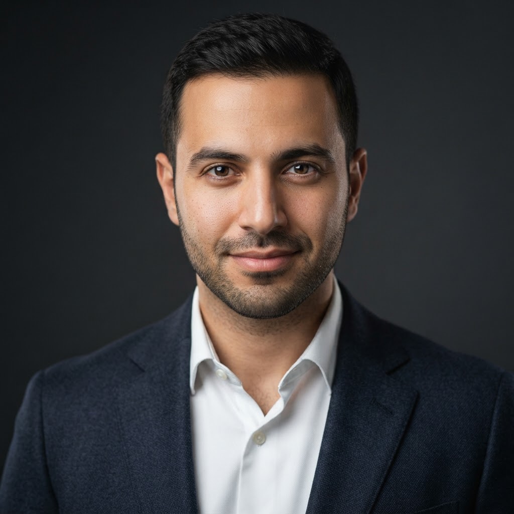 AI-generated portrait representing the AI & Engineering Lead role, a Middle Eastern man in modern professional business attire