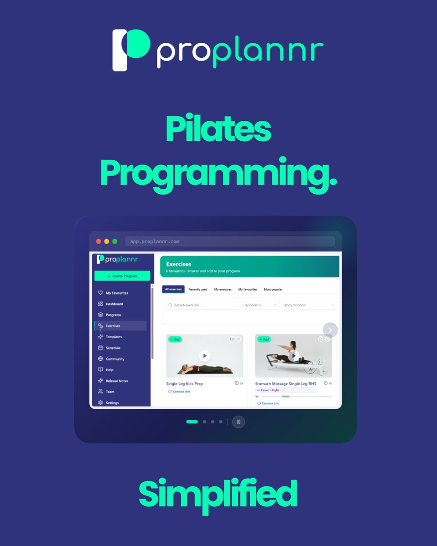 ProPlannr Pilates programming platform — dashboard overview showing programs, exercises and schedule at a glance