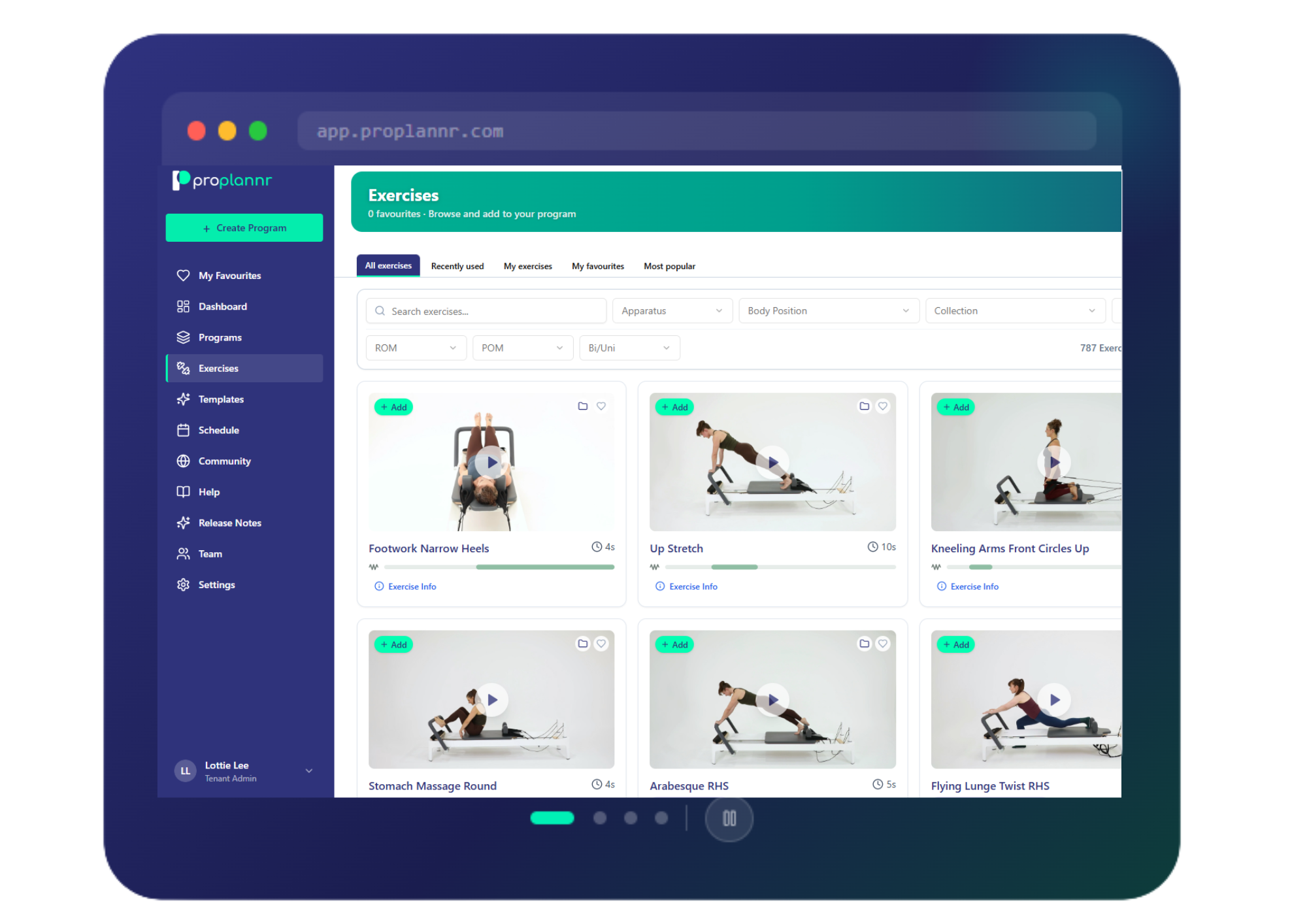 ProPlannr Pilates programming platform — exercise library with instructional videos and apparatus filters