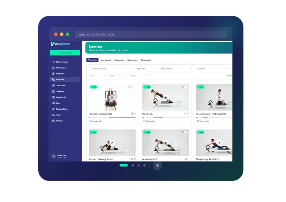 ProPlannr exercise library — searchable Pilates exercise database with instructional videos and apparatus filters
