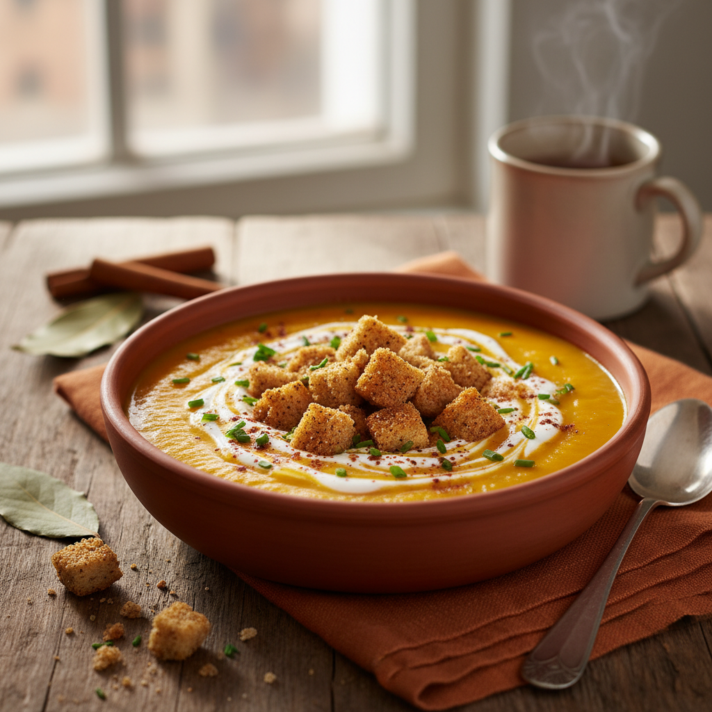 Savory Pumpkin Soup: A Cozy Fall Recipe with Spiced Croutons and Tangy Yogurt Swirl