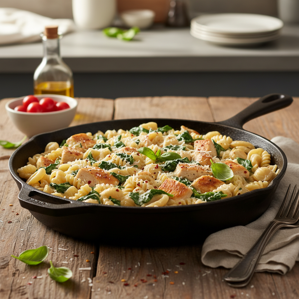 Comforting One-Pan Pasta: Creamy Garlic Spinach and Chicken Ready in 30 Minutes