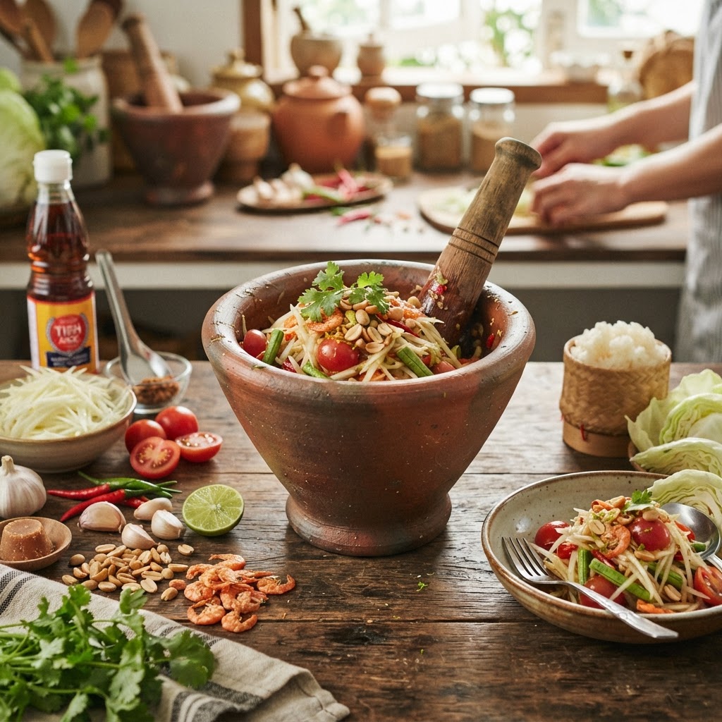 The Home Cook’s Guide to Thai Som Tum: Mastering Mortar and Pestle Techniques for Authentic Green Papaya Salad