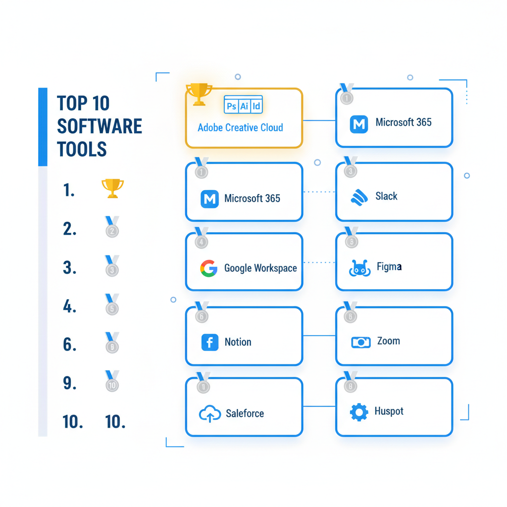 Top 10 ranked list of paint estimating software tools — minimal cards with trophy icons, blue and white flat design infographic