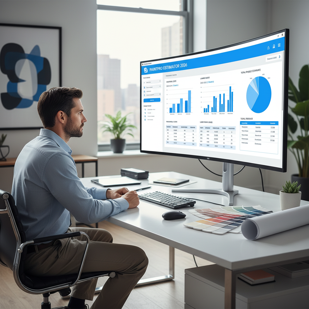 Top 10 best paint estimating software for contractors 2026 — professional contractor reviewing paint estimates on a dashboard monitor, blue and white modern office setting