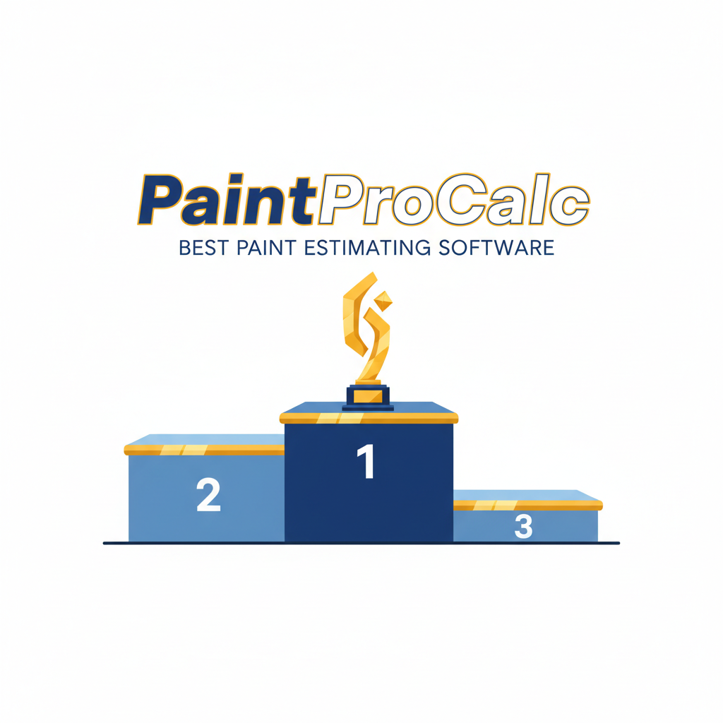 PaintProCalc winner podium illustration — best paint estimating software 2026, blue and gold award style, flat design