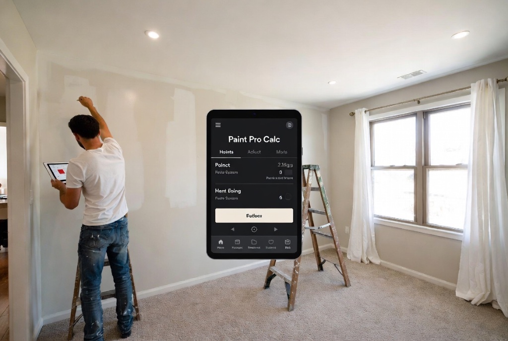 Paint Pro Calc living room paint calculation example showing 6 litres needed, material cost $48, total $120 and profit $60
