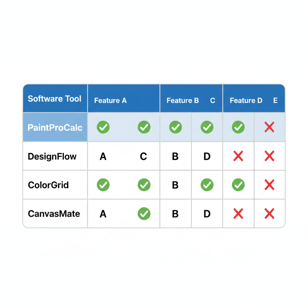 Software feature comparison table — PaintProCalc vs competitors, blue and white grid with checkmarks, professional flat design infographic