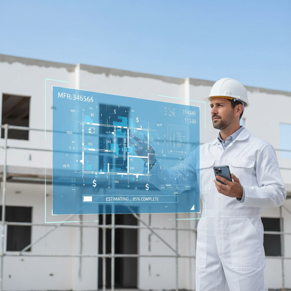 Professional painter using smartphone app on a job site to calculate paint estimates — blue and white tech overlay, editorial photography style