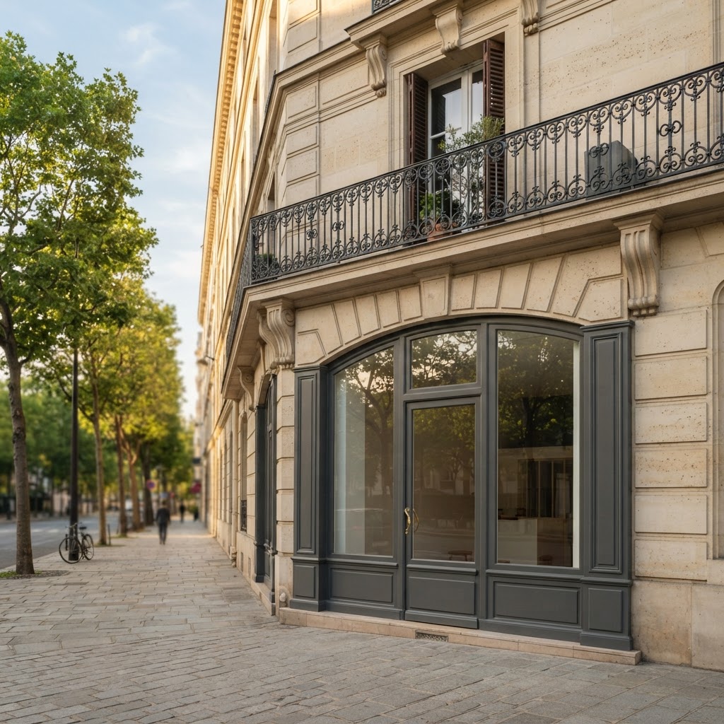 Façade haussmannienne en pierre de taille d'un immeuble parisien avec balcon filant en fer forgé