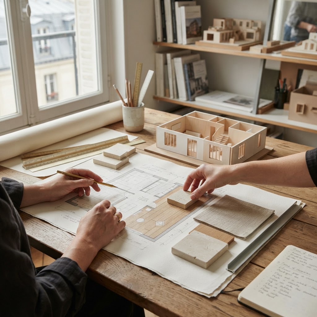 Plans d'aménagement et échantillons de matériaux dans un atelier d'architecture