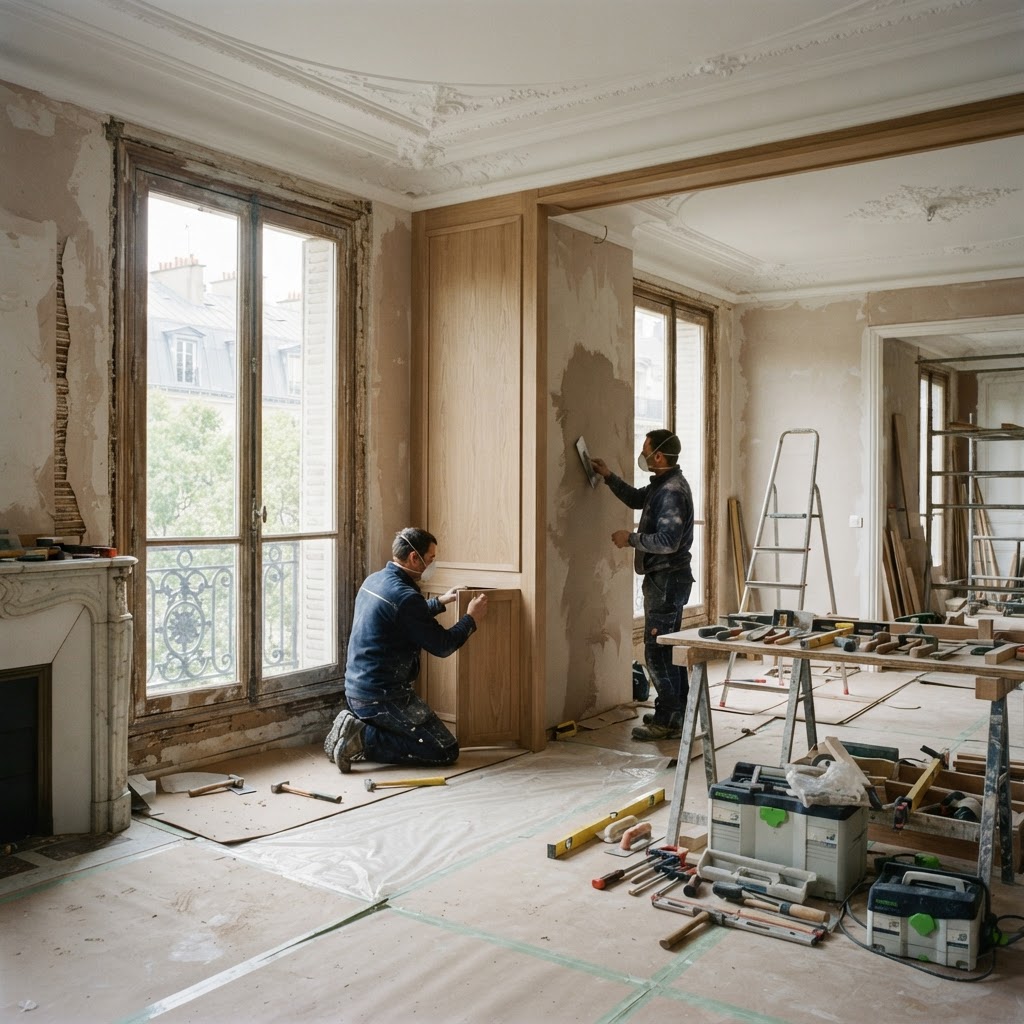 Artisans au travail dans un appartement parisien en rénovation