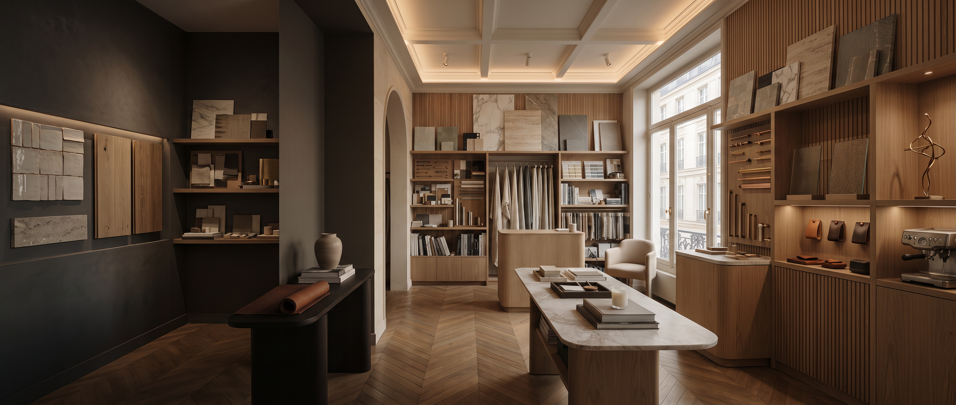 Showroom de matériaux d’architecture intérieure : pierre naturelle, bois et échantillons