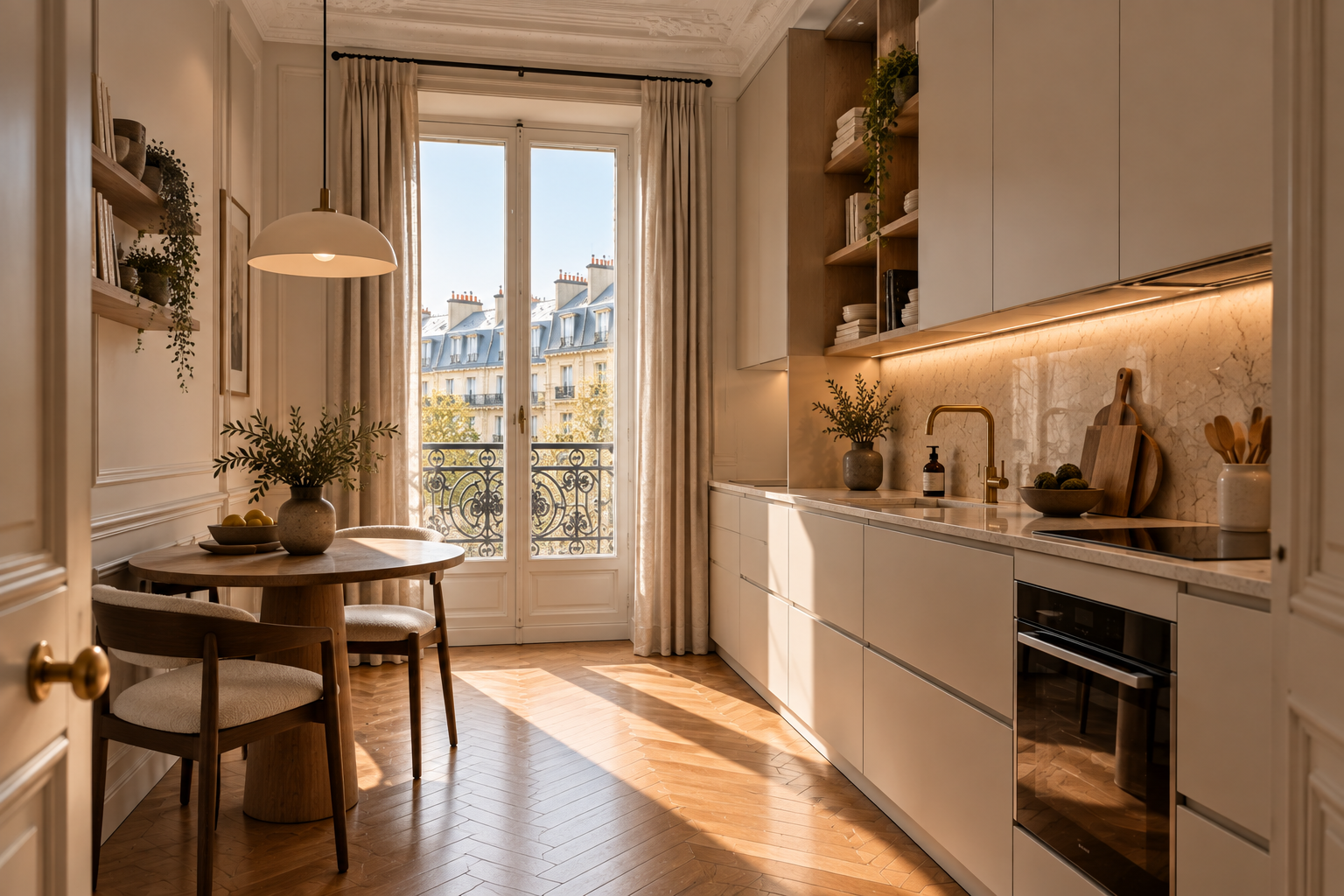 Cuisine compacte sur mesure dans un appartement haussmannien rénové à Paris