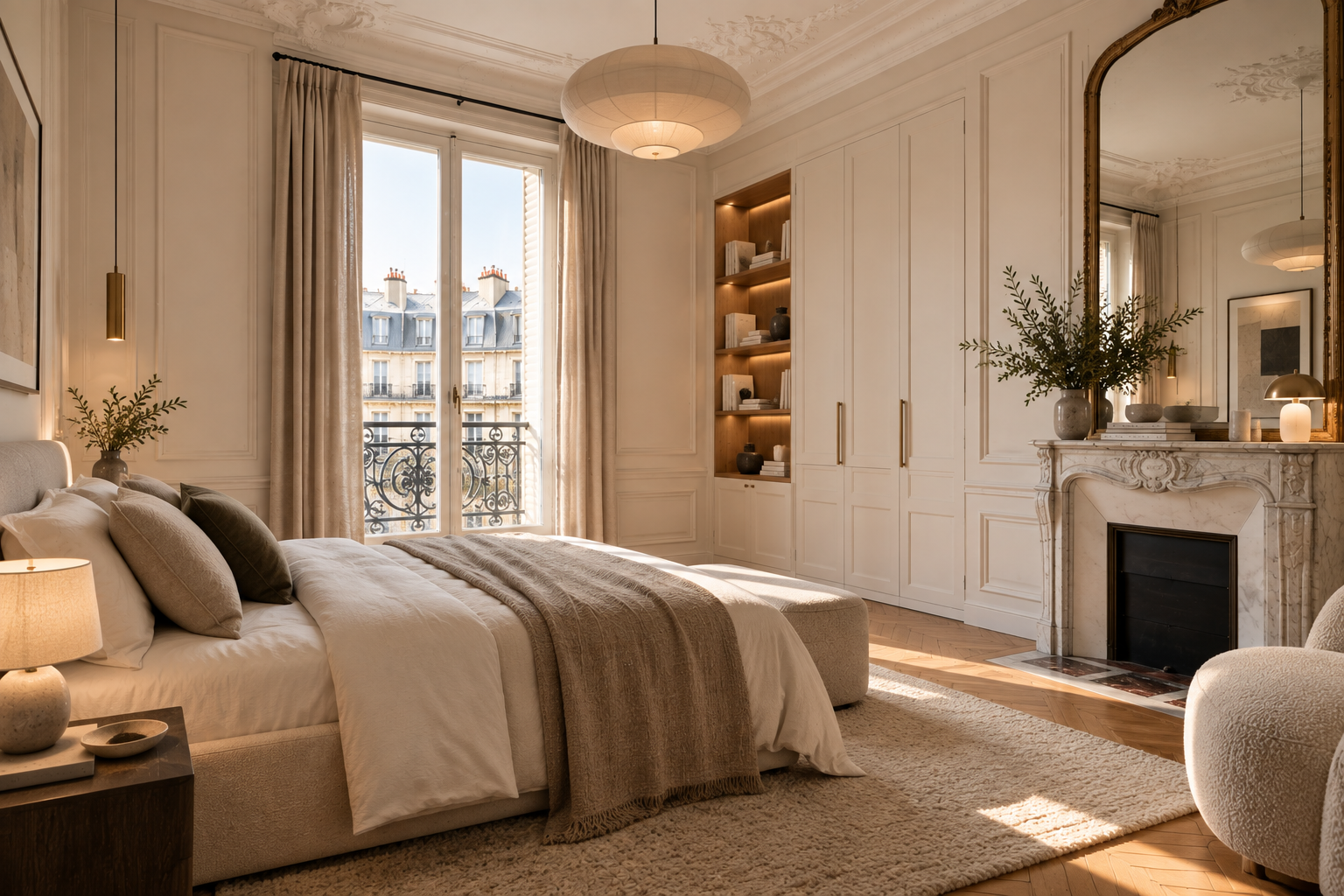 Chambre parentale dans un appartement haussmannien rénové à Paris
