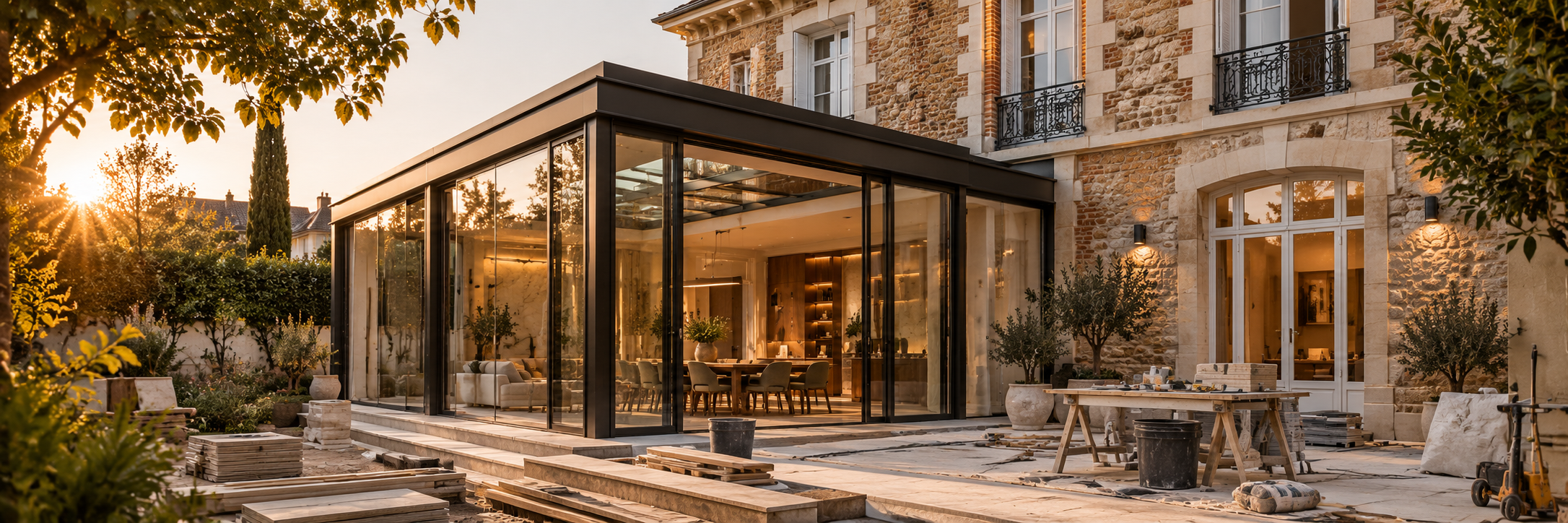 Maison en pierre avec véranda contemporaine vitrée et terrasse en cours d'aménagement