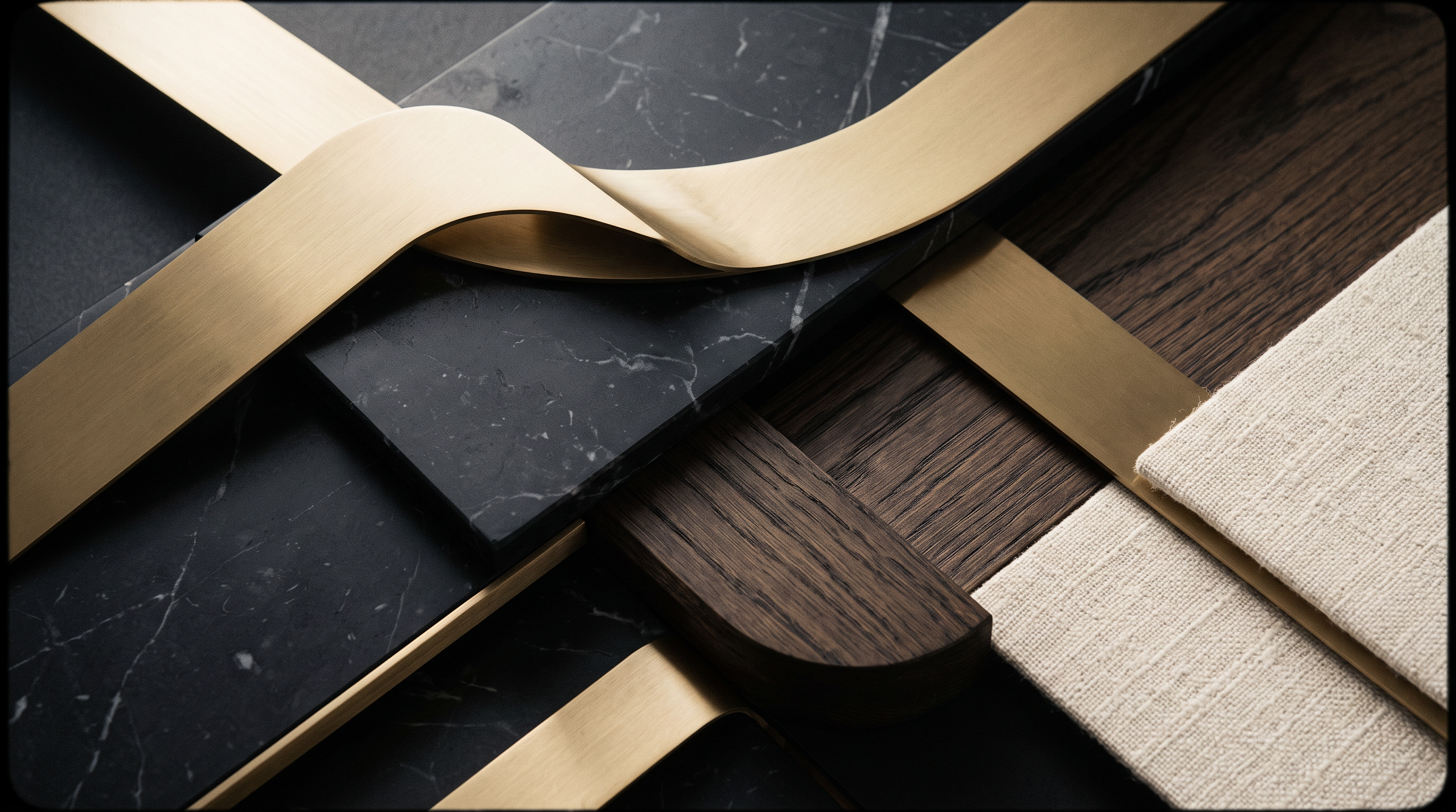 Détail de matériaux nobles : marbre noir, laiton doré, bois fumé et lin
