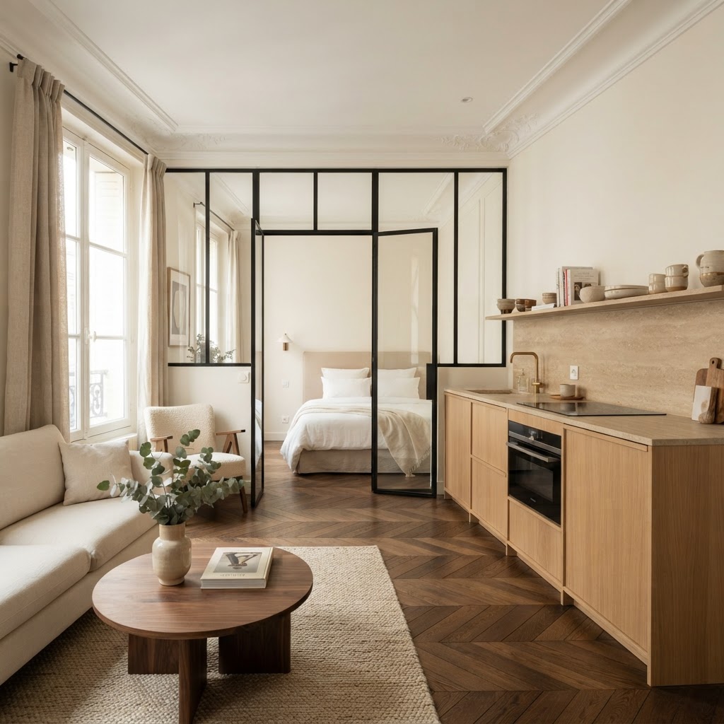 Studio parisien rénové avec salon, cuisine et coin couchage