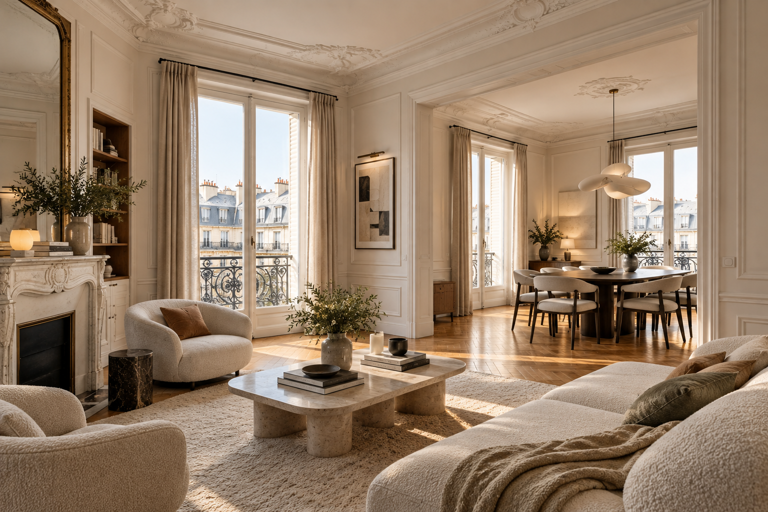 Salon d’un appartement haussmannien rénové à Paris 17 – réalisation Agence Li.Or