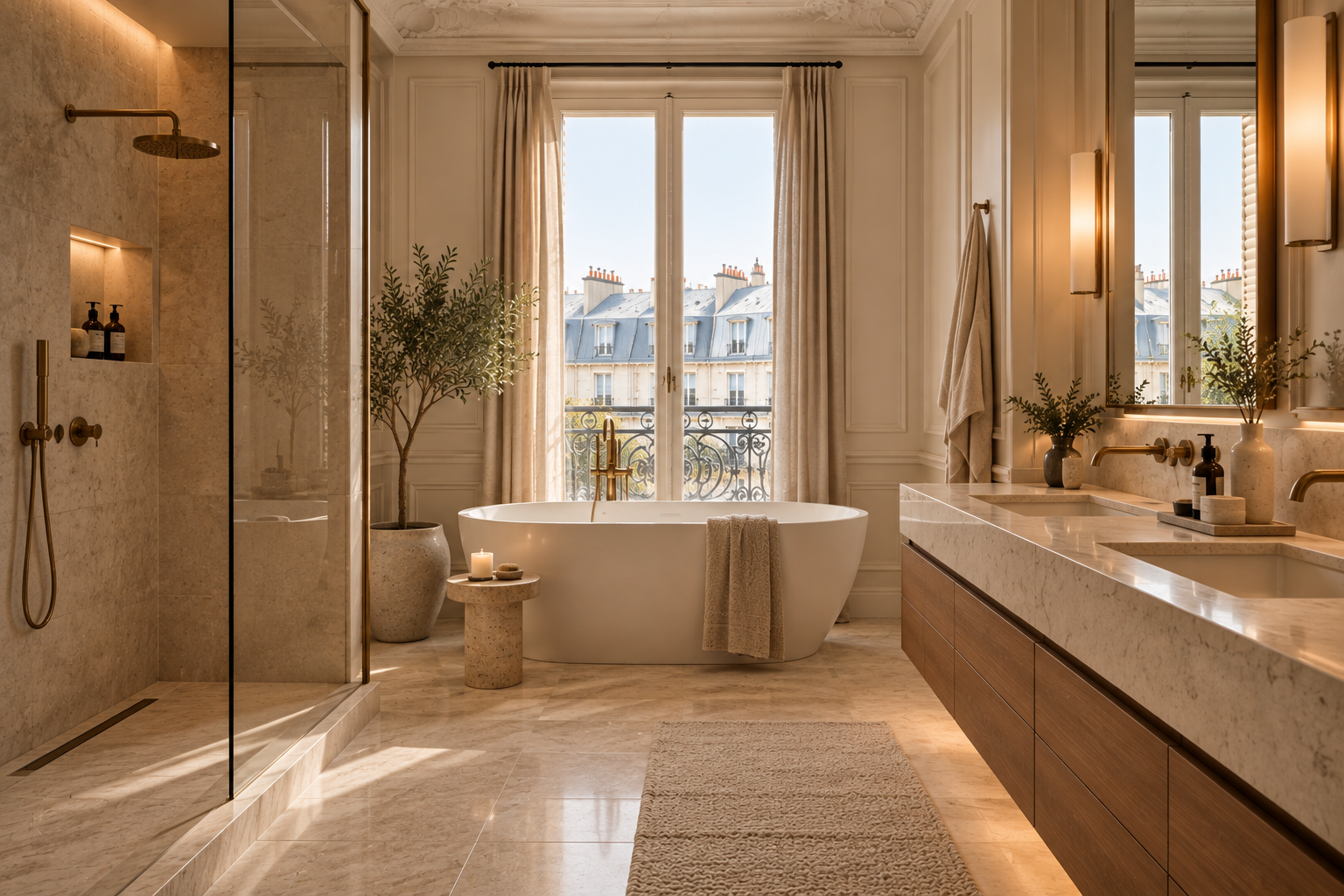 Salle de bain en pierre naturelle d’un appartement haussmannien à Paris