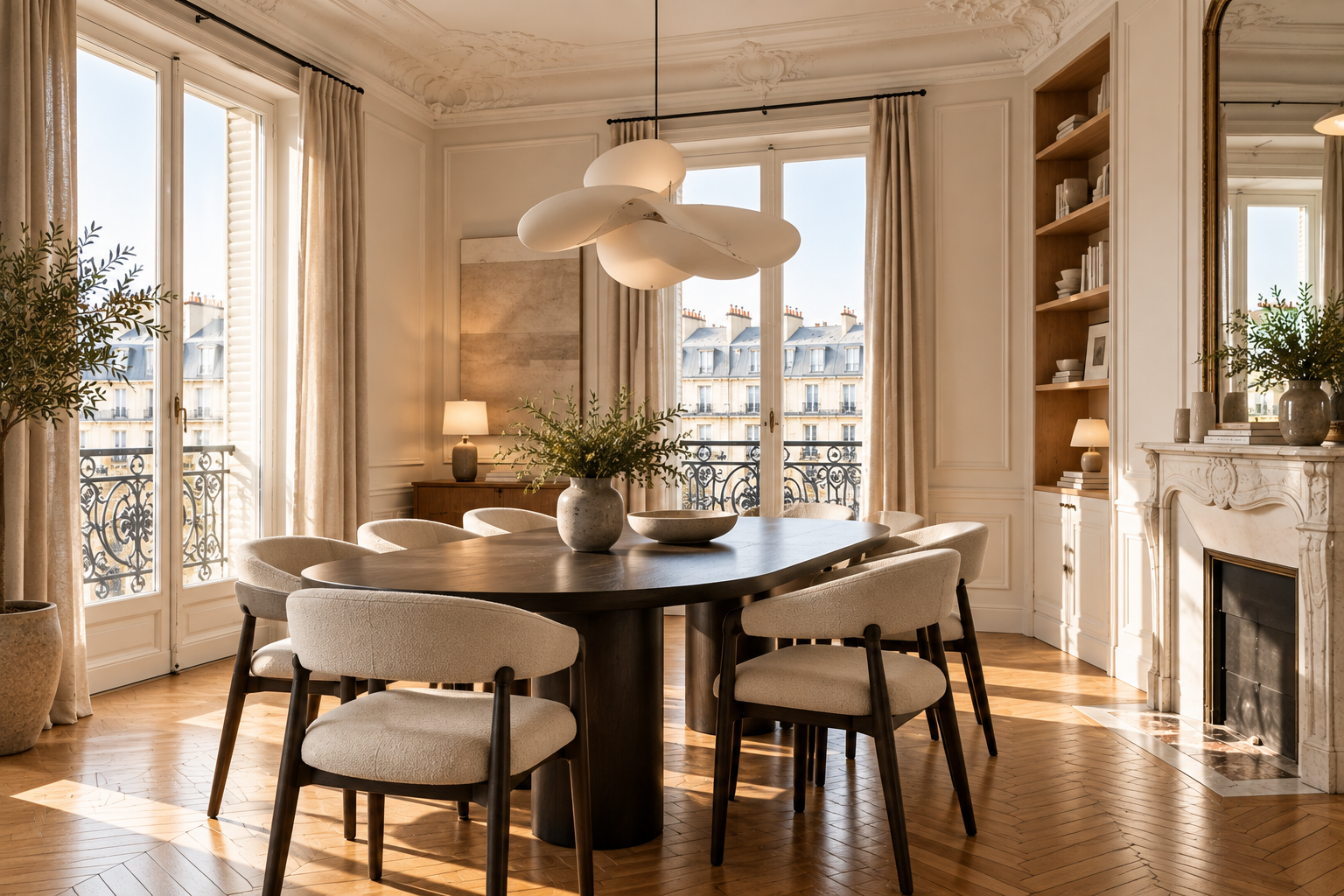 Salle à manger contemporaine dans un appartement haussmannien rénové à Paris