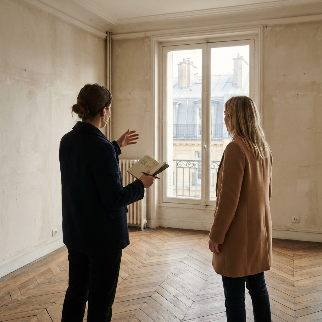 Architecte échangeant avec un propriétaire lors d'une première visite d'appartement
