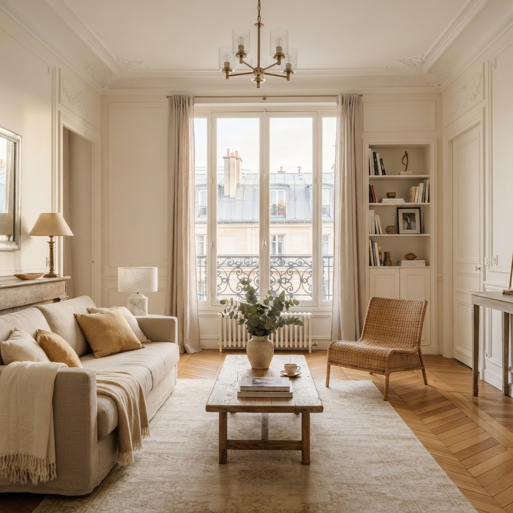 Salon lumineux d'un appartement parisien rénové pour la location, parquet en point de Hongrie et grandes fenêtres