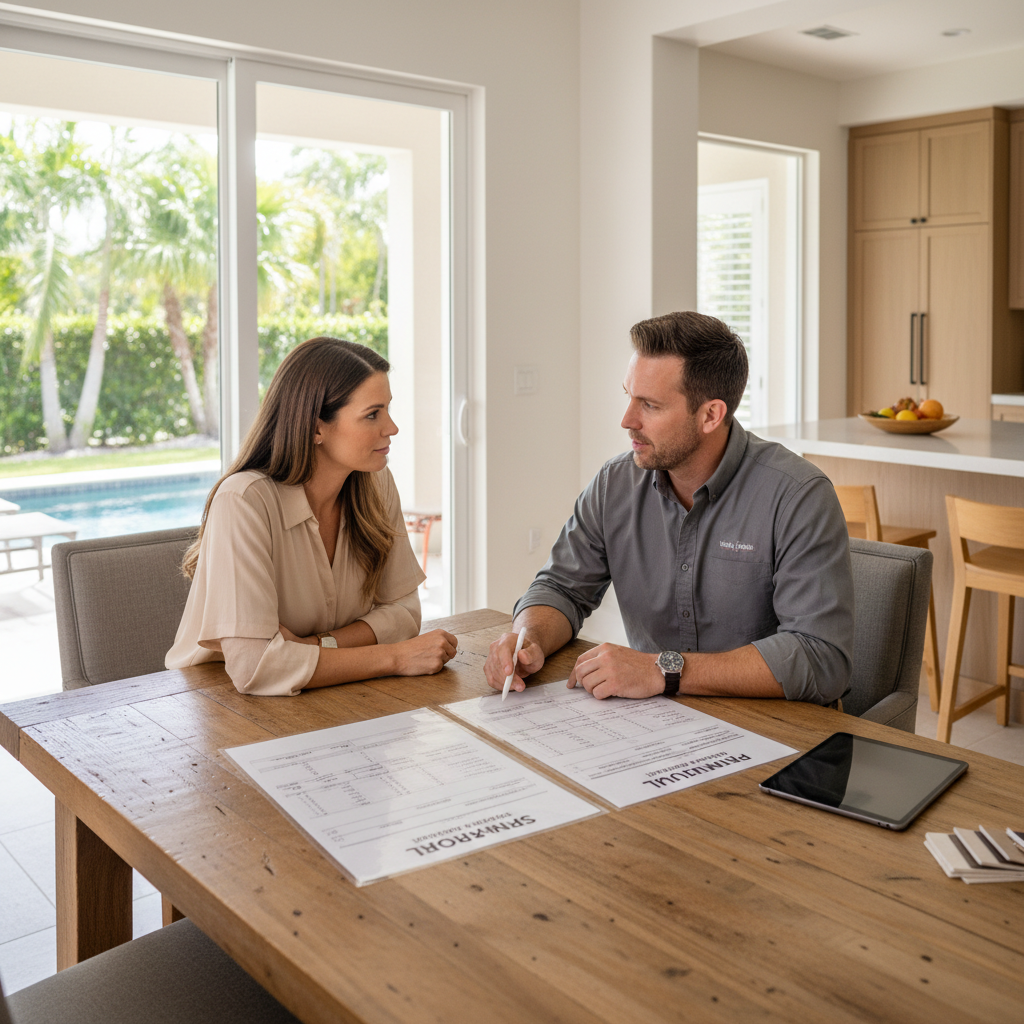 Contractor discussing project costs and side-by-side proposal comparison