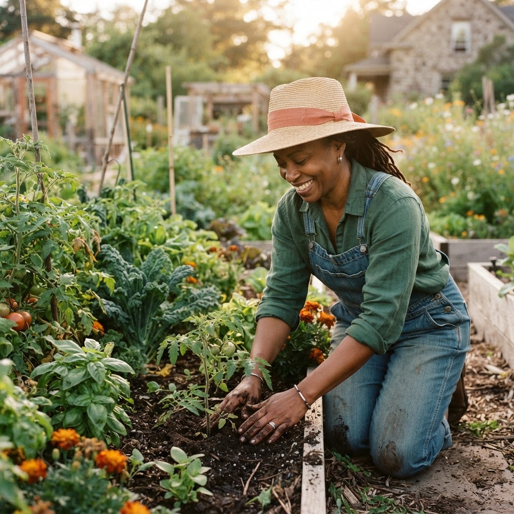 A grower tending a garden in a wide straw sun hat at golden hour