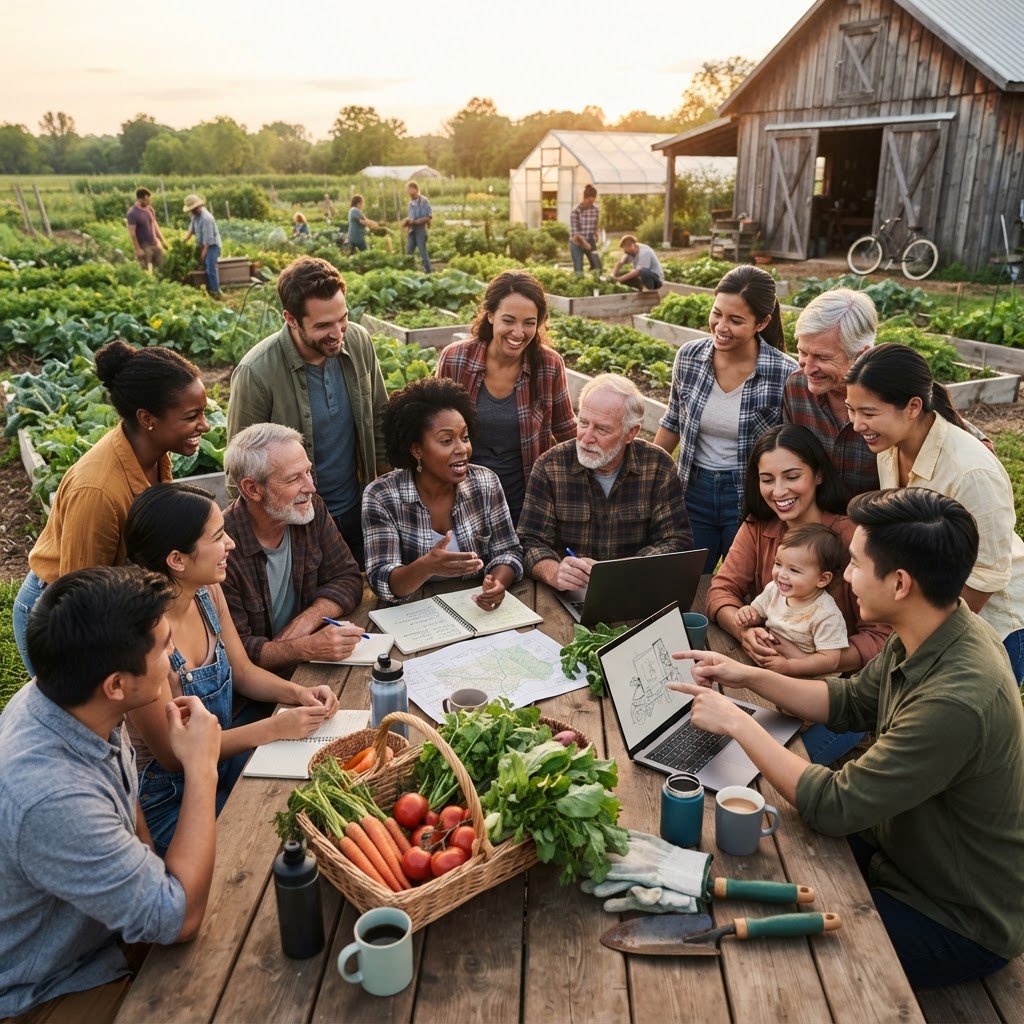 A diverse Growfluencers community gathered around shared goals and resources at a warm agricultural table