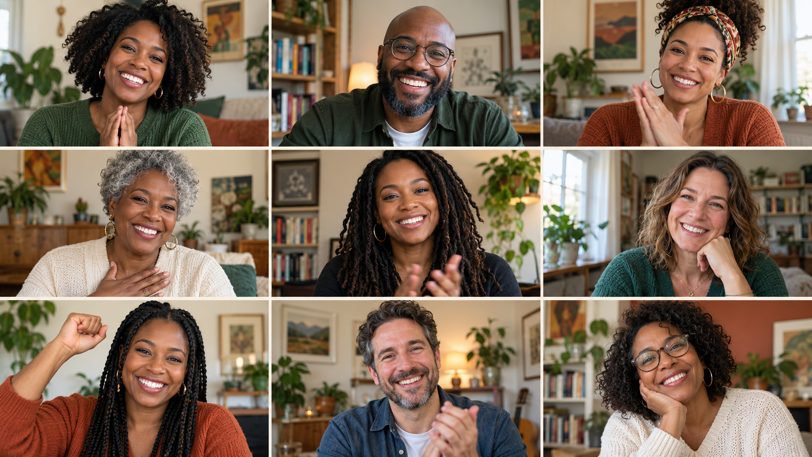 Illustrative online community celebration — a grid of diverse members joining a Growfluencers video gathering