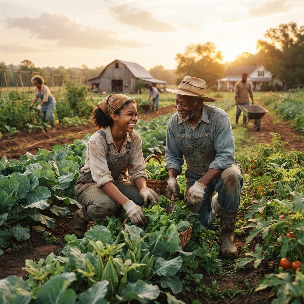 A Black teenager helping her grandfather farm a Southern vegetable field at golden hour