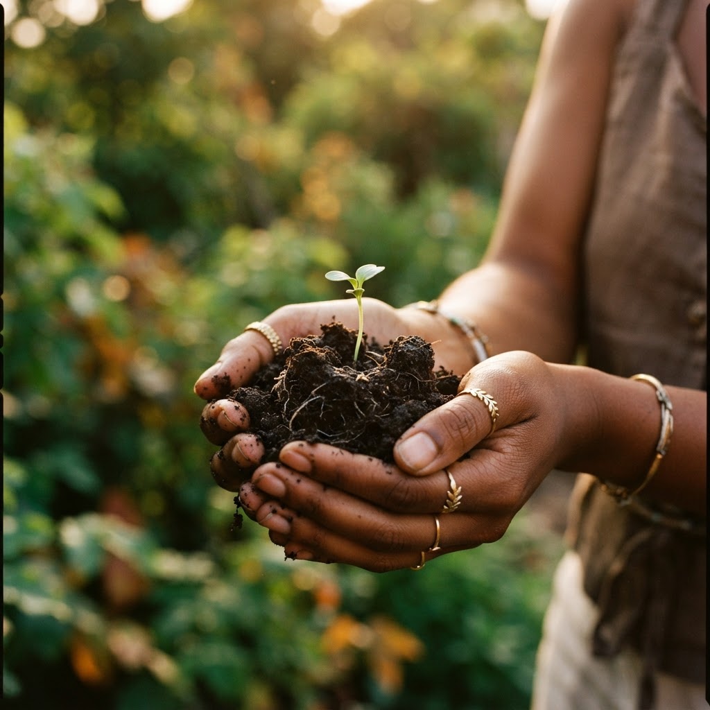 Black hands holding soil with a seedling — roots, legacy, and growth