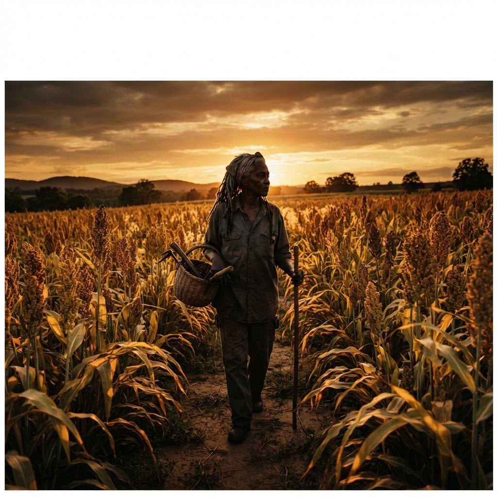 Black farmer elder in a sunlit field