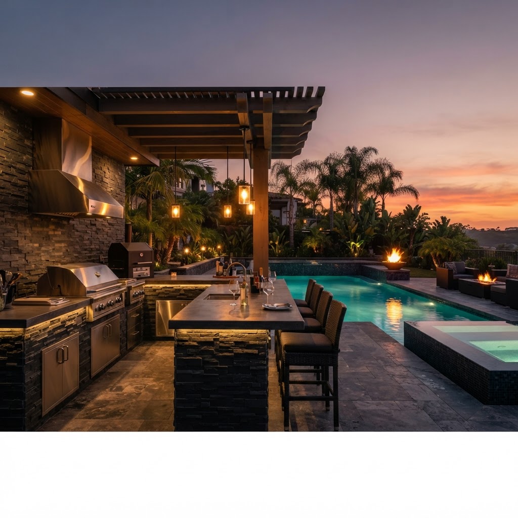 Poolside outdoor kitchen with fire bowl